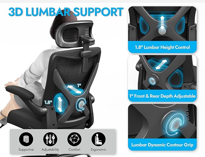 Ergonomic Office Chair: Mesh Desk Chair Comfy with Headrest& Lumbar Support | Ergalithic Big and Tall Office Chairs with Wheels & Flip-Up Arms-Computer Gaming Chairs for Adults Home Office (Full Black) - Image 7