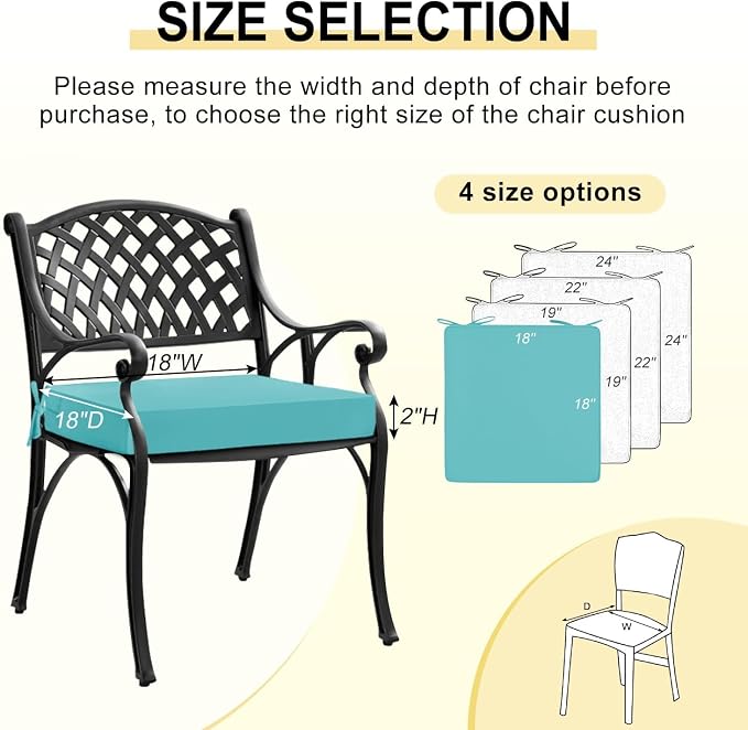 downluxe Waterproof Outdoor Chair Cushions for Patio Furniture, 18" x 18" x 2" Patio Chair Cushion with Adjustable Ties & Portable Handle, Square Outdoor Cushion with Removable Cover, Teal, 2 Pack - Image 6