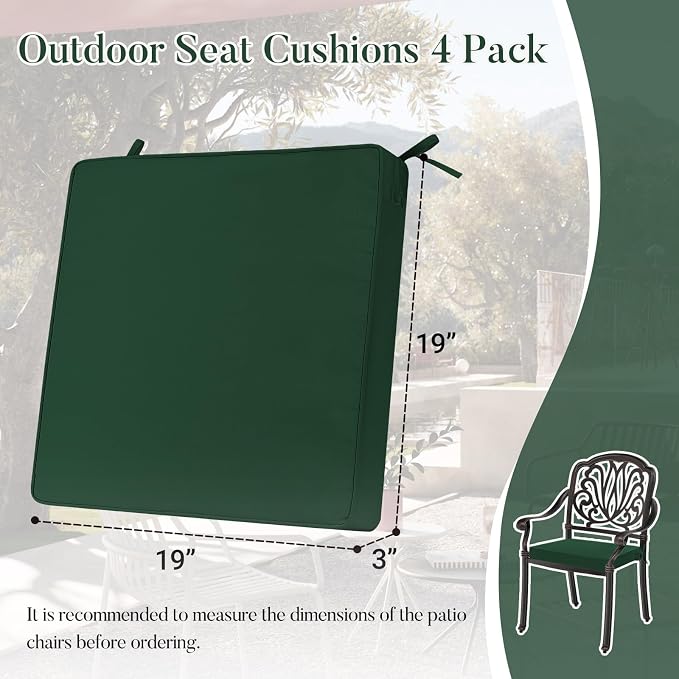 Basic Beyond Outdoor Chair Cushions for Patio Furniture, Waterproof Outdoor Seat Cushions Set of 4 19 x 19, Patio Chair Cushions Set of 4 with Ties and Handle, Forest Green - Image 6