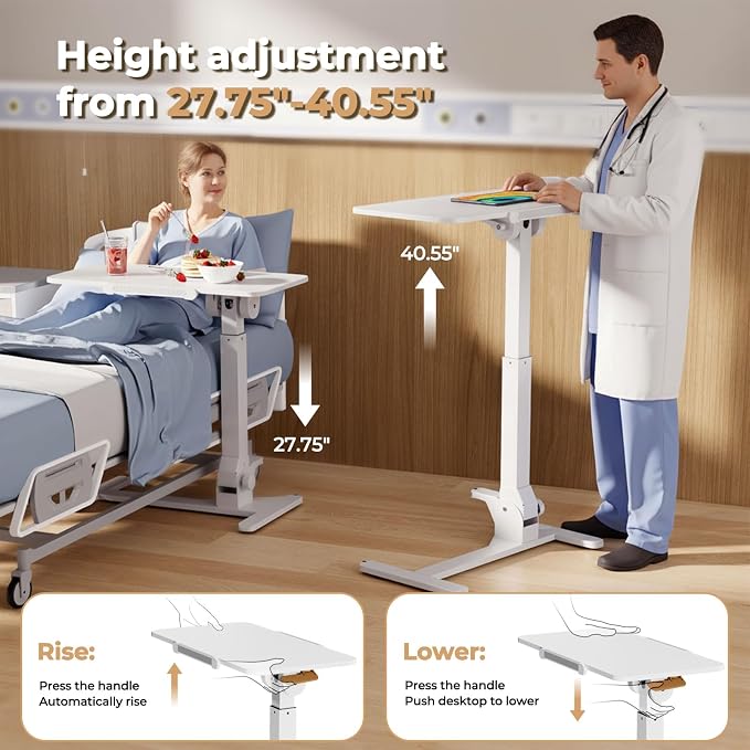 JOY worker Foldable Mobile Standing Desk, 180° Tilt Overbed Bedside Table | Height Adjustable, 31.5" White MDF Top with Lips, Collapsible Top & Base for Storage, Poratble Laptop Desk for Home Hospital - Image 4