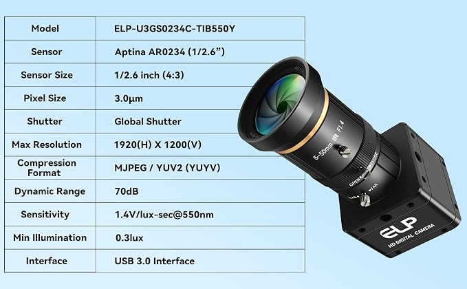 120fps Global Shutter Camera,USB3.0/2.0 High Speed Color Webcam,10X 5-50mm Manual Zoom Lens,1920x1200 Max Resolution,Wide System Support for High Speed Motion Analysis Golf Swing 3D Printer - Image 9