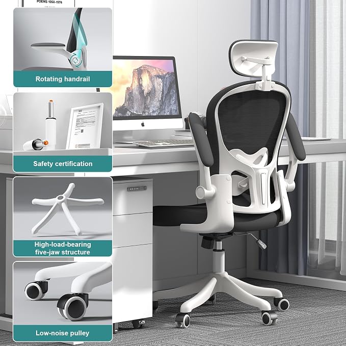 Ergonomic Mesh Office Chair, Black | Adjustable Lumbar Support and Headrest,Ergonomic Home Office Chair, Flip-Up Arms 90-120° Tilt Lock Rolling Swivel Work Chair - Image 5