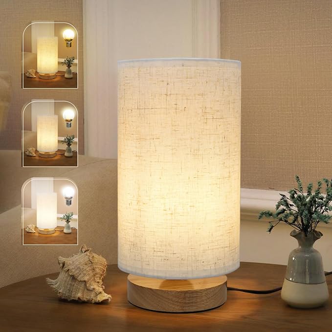 Minimalist Dimmable Nightstand Lamp with Round Fabric Linen Shade, 3 Color Temperatures, Desk & Bedside Lamp for Study, Living Room, Bedroom, Office, Dorm by SEENSINY
