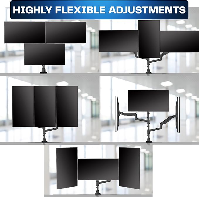 VIVO Pneumatic Arm Triple Ultrawide Monitor Extra Tall Desk Mount for Up to 49 inch Screens, Heavy Duty Clamp, Holds 3 Ultra Wides Up to 44 lbs, Black, STAND-V300D - Image 6