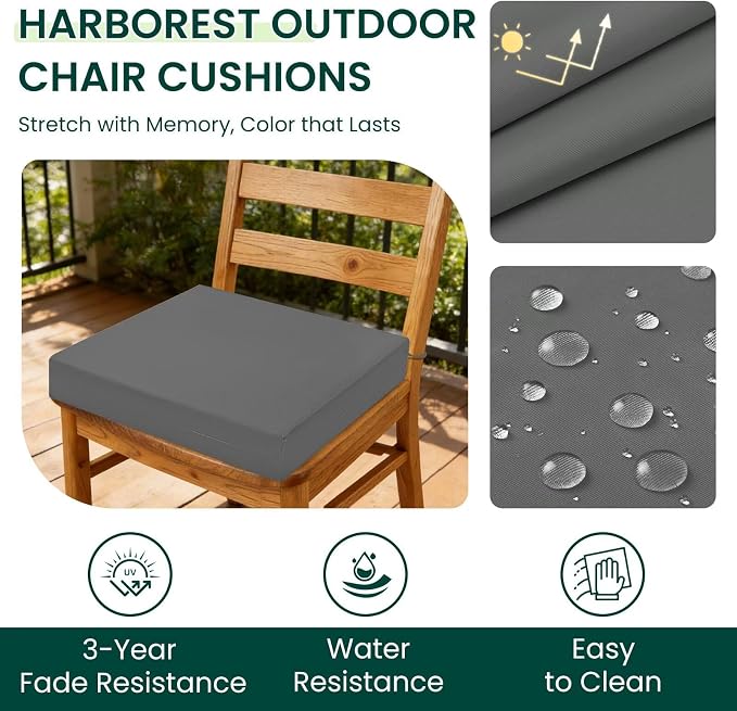 HARBOREST Outdoor Chair Cushions Set of 4, Water Resistant Patio Chair Cushions with Ties, Square Corner Outdoor Seat Cushions for Patio Furniture, 18.5"x16"x3", Dark Grey - Image 2