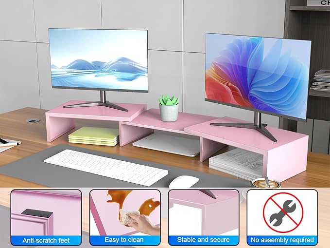 Desk Organizers and Accessories, Dual Monitor Stand Riser, Monitor Desk Shelf for Desktop Organization (Pink) - Image 3