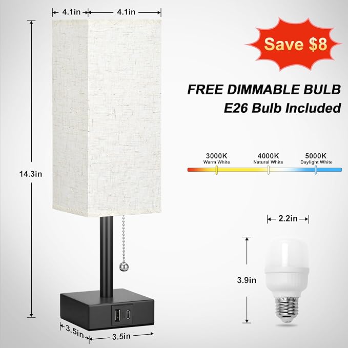 Small Bedside Table Lamp for Bedroom - Desk Lamp For Nightstand, USB C+A | Pull Chain Lamp, 3 Color Modes(3000K/4000K/5000K), E26 LED Bulb Included, Square Beige Fabric Lampshade, for Read, Work, Dorm - Image 2