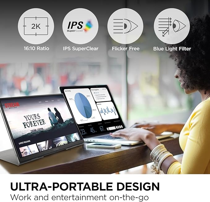 ViewSonic VG1656-2K 16 Inch 1600p Portable Monitor, WQXGA IPS for Improved Workflows and Second Screen Productivity, Built-in Stand, 65W USB-C, mini HDMI, and Smart Cover Inputs - Image 2