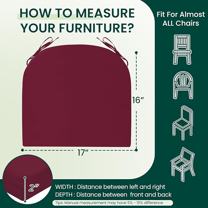 HARBOREST Outdoor Chair Cushions Set of 6, Water Resistant Patio Chair Cushions with Ties, Outdoor Seat Cushions for Patio Furniture, 17"x16"x2", Burgundy - Image 6