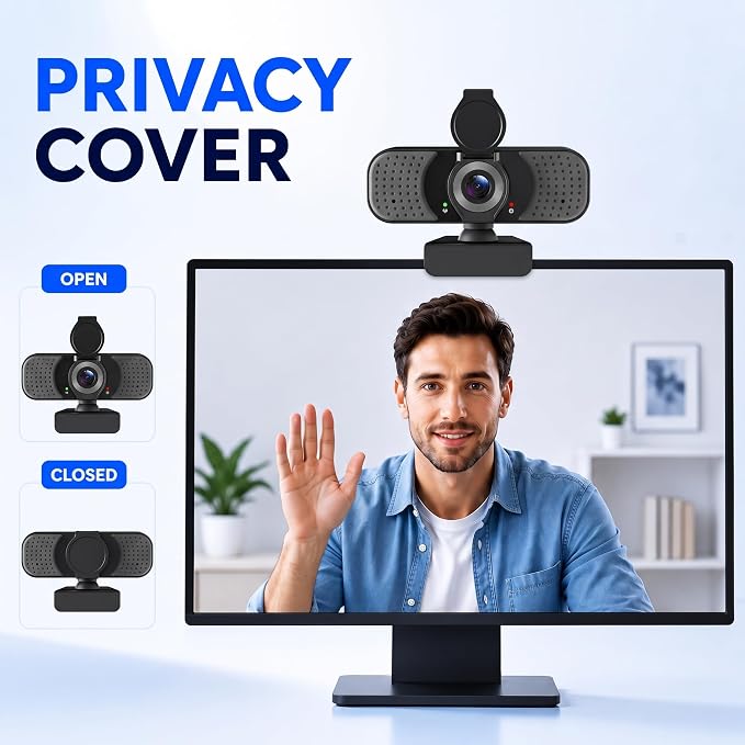 1080P Webcam with Microphone, USB Camera for PC and Laptop, Privacy Cover | For meetings, remote work, classes, streaming, and video calls; includes 105° wide view, privacy cover, and mini tripod - Image 5