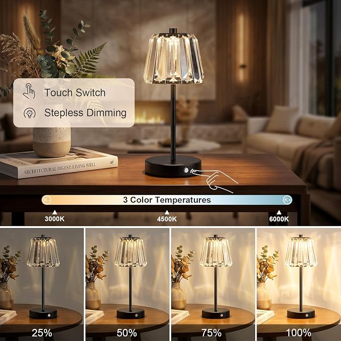 13" Small Crystal Cordless Table Lamp, Touch Rechargeable Desk Lamps | 3 Color Temps, Stepless Dimming, Black Portable Battery Operated LED Desk Lamps for Bedside, Nightstand, Kitchen, Patio, Gift - Image 4