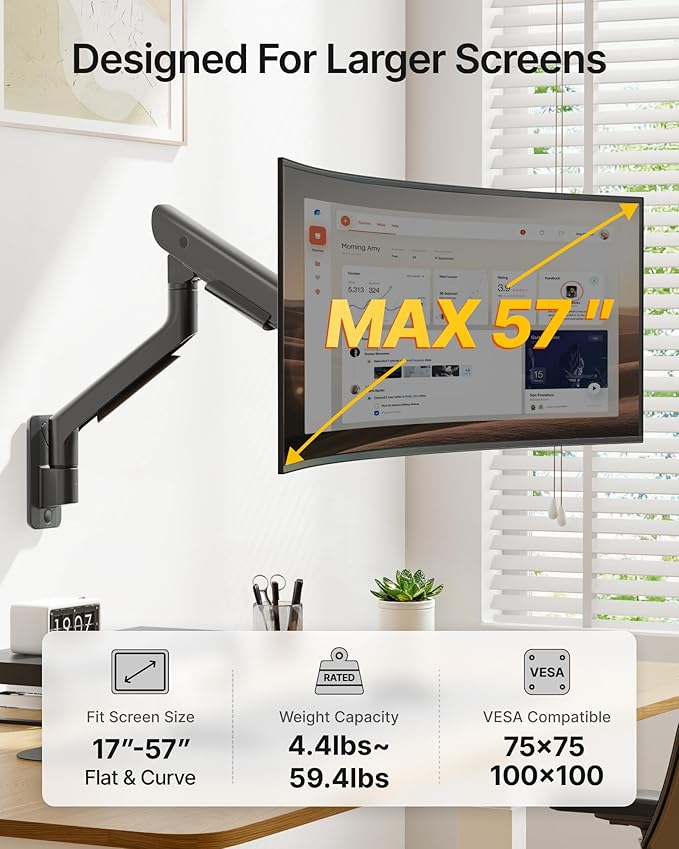 monTEK Monitor Wall Mount for 17-57" Ultrawide, 59.4 lbs, Black | Pneumatic lift, full-motion aluminum arm, quick-release VESA 75/100 plate and cable management for curved or flat screens - Image 3