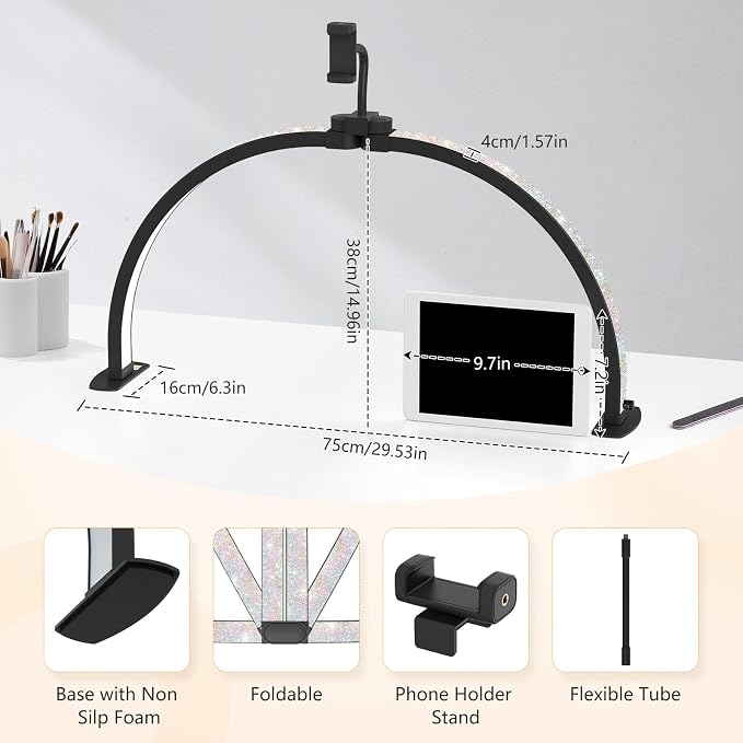 Yokilly Half Moon Light for Nail Desk: 29" Foldable Nail Light for Desk | Arch Nail Tech Light with Phone Holder for Beginner - 3 Color Modes & 10 Brightness for Manicure Salon-Black - Image 4