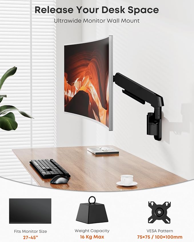 Heavy Duty Single Monitor Arm Wall Mount fits 27-45 Inch Flat/Ultrawide | Full Motion, Gas Spring Arm, Holds 35.2 lbs, VESA 75/100mm for Home Office & Gaming, Black - Image 2