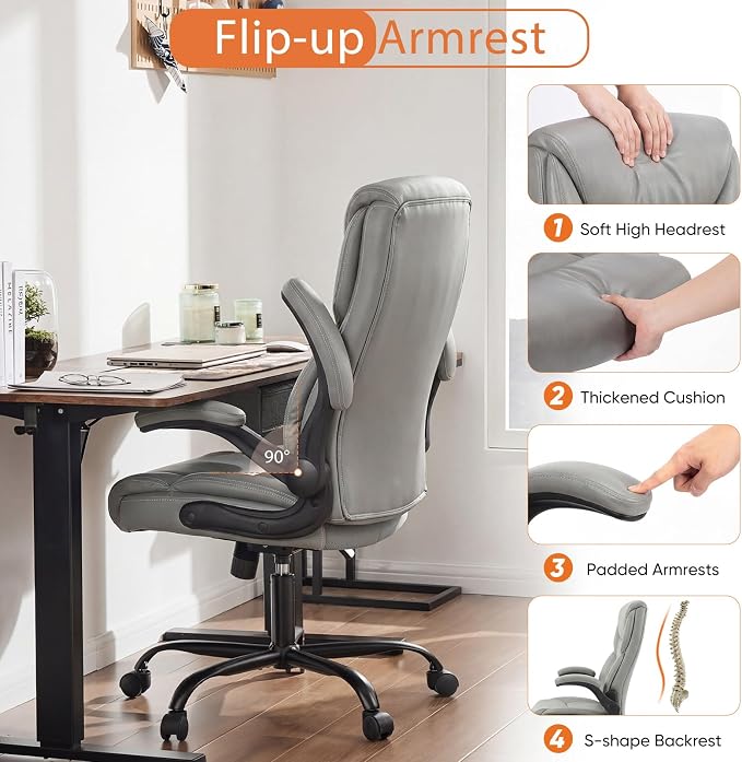 OLIXIS PU Leather Desk Chair, Ergonomic Office Chair, Flip-up Armrest | High Back, Swivel Rolling Wheels, Heavy Duty, 275lbs,Comfortable,Executive, Grey - Image 7