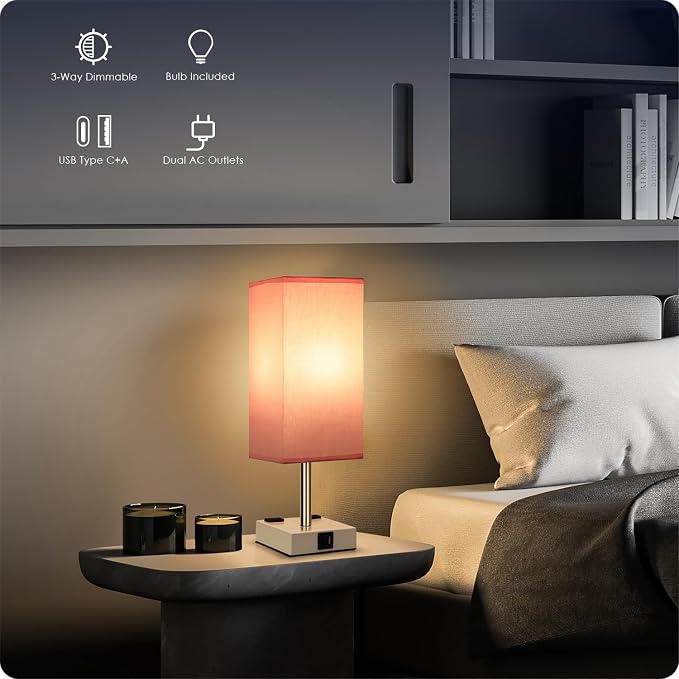 Bedside Lamp with USB Ports - Touch Control Table Lamp for Bedroom with USB C+A Charging Ports & AC Outlets, 3 Way Dimmable Nightstand Light with White Base for Living Room (LED Bulb Included, Pink) - Image 4