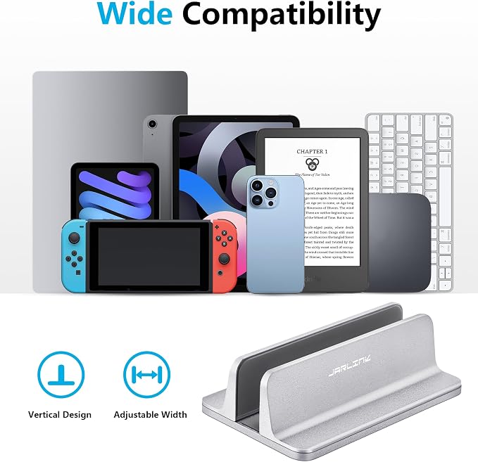 JARLINK Vertical Laptop Stand, Adjustable Aluminum Desktop Holder, Silver | Vertical Laptop Holder Fits up to 17.3" Notebooks, Space-saving Desktop Organizer for MacBook, Surface, Dell & Gaming Laptops - Image 3