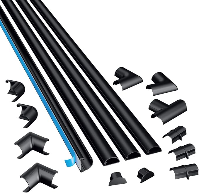 D-Line 13.12ft Cord Hider Kit, Patented Cable Cover, Hide Wires on Wall, Channel for TV Mount Cords, Raceway Wire Hiders, Paintable, Adhesive, Half Round, 4X 0.78in W x 0.39in H x 39in Lengths, Black by D-LineUSAinc