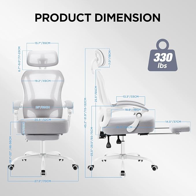 Ergonomic Office Chair with Footrest,Ultra Thick Desk Chair,Grey | 150°Reclining,Mesh High Back,Adjustable 2D Lumbar Support and Headrest,4.8" Spring Cushion,Premium Computer Chair for Adults - Image 2