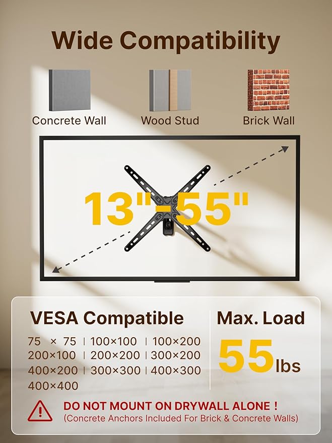 monTEK Full Motion TV Wall Mount for 13-55 Inch TVs up to 55 lb | ±90° swivel, landscape/portrait rotation and 14.4 in extension; 4X load tested, VESA 75x75 to 400x400 mm, single-stud mount - Image 2