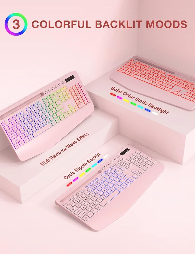 Wireless Keyboard and Mouse Combo, 9 Backlit Effects, RGB, 2.4GHz | Ergonomic Wrist Rest, Phone Holder, Rechargeable, Full Size, KM22 MAX Silent Set for Computer, Laptop, Mac, Windows (Pink) - Image 2
