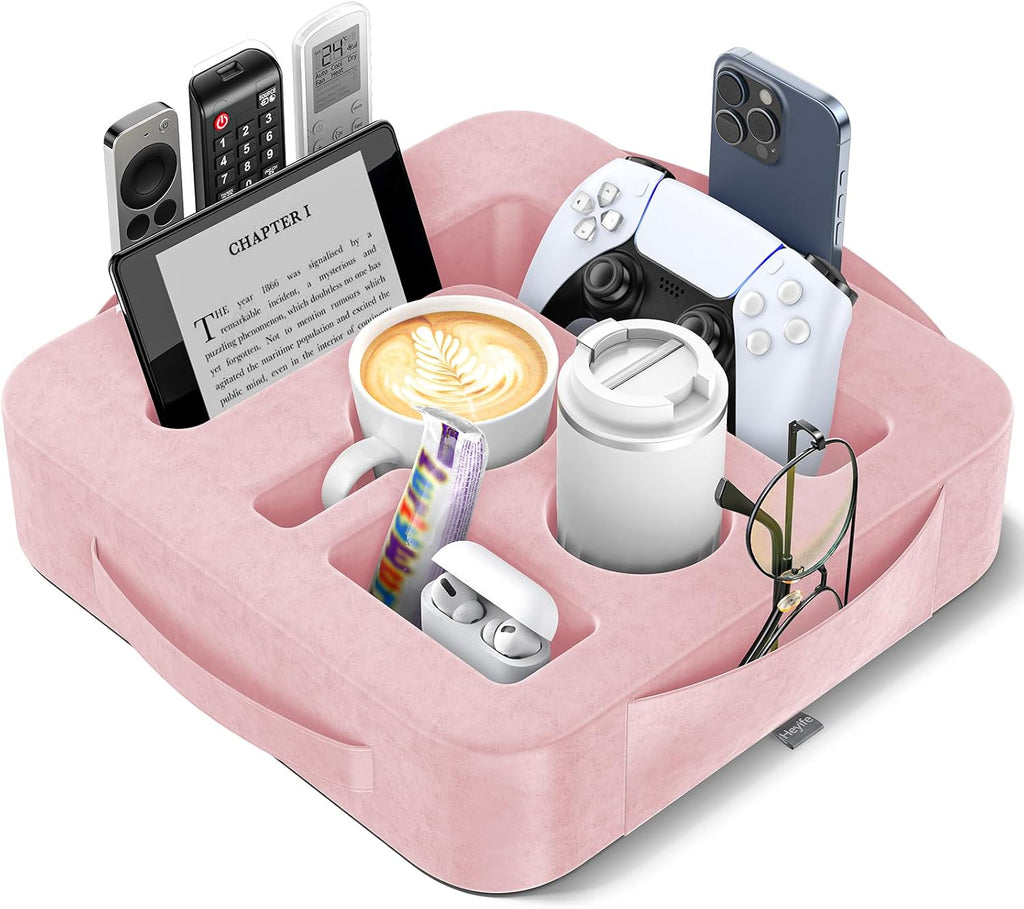 Couch Cup Holder Pillow, Sofa and Bed Caddy for iPad, Kindle, Switch, Game Controller, Remotes, Phones, Small-Sized Cup and Drink Holder for Couch, Bed, Desk, Car, Beach, Bathroom Cup Holder, Pink by Heyife