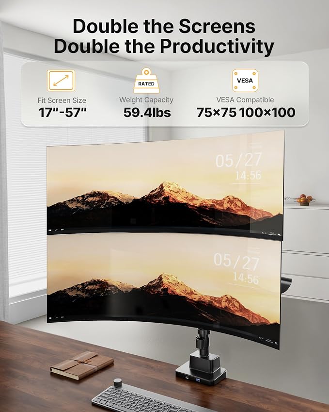 monTEK Dual Ultrawide Monitor Arm for 17-57" Screens, USB, Black | USB-A/C ports, pneumatic lift, quick-release VESA 75/100 plates, clamp/grommet bases and hidden cable routing - Image 4