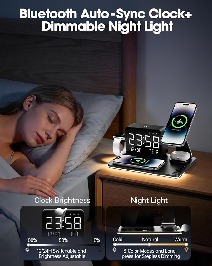 7-in-1 Magnetic Wireless Charging Station with Digital Clock & LED Lamp | 65W Power Adapter, 25W Fast Charging, 6-Device Charging Hub, Rotatable Stand, Bluetooth TimeSync, Qi Magsafe Compatible - Image 6
