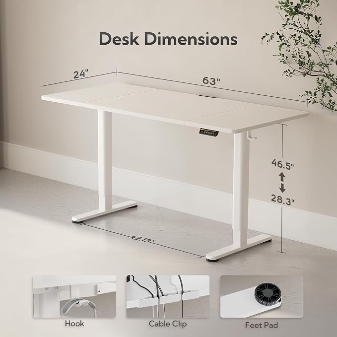 Claiks Electric Standing Desk, Adjustable Height Stand up Desk, 63x24 Inches Sit Stand Home Office Desk with Splice Board, White Frame/White Top - Image 3