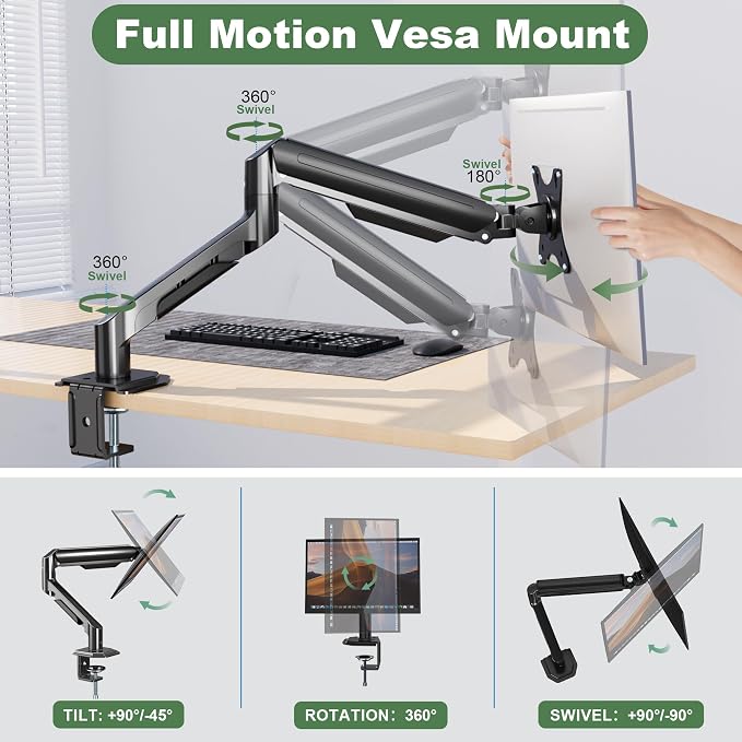 UPGRAVITY Single Monitor Mount Arm for 17" to 32" Computer Screen | Mechanical Spring Adjustable Monitor Desk Mount Stand Holds up to 17.6 lbs, C-Clamp & Grommet Base, VESA 75/100mm - Image 4