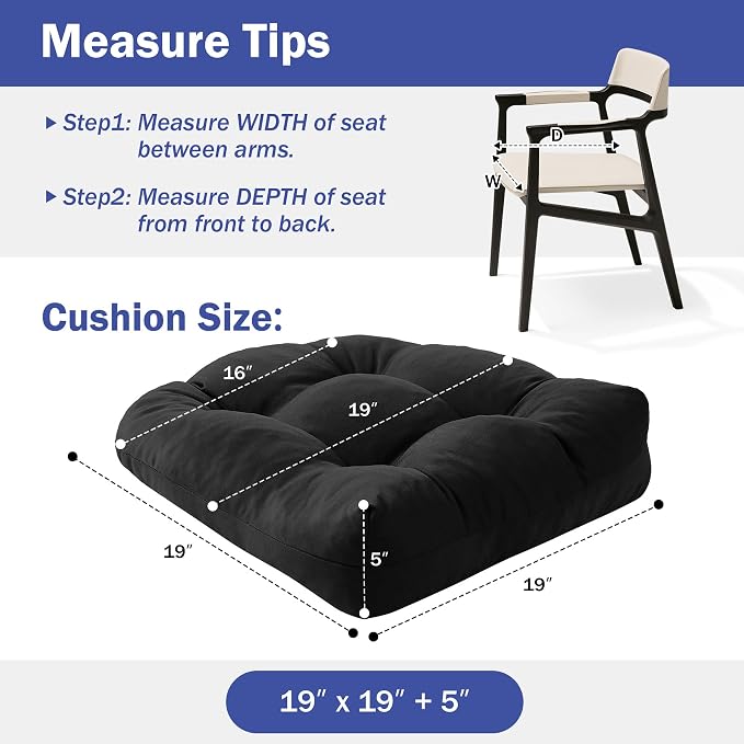 IPYNBAP Outdoor Chair Cushions Set of 2, Patio Chair Cushions with Ties,19x19+5” Tufted Outdoor Seat Cushions, Waterproof Patio Furniture Cushions, Outdoor Dining Chair Pads, Black - Image 2