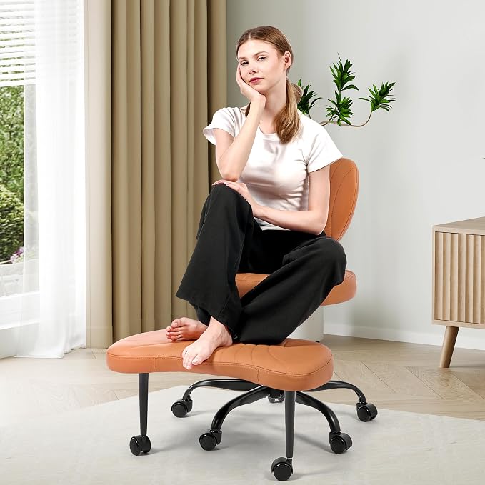 Cross Legged Office Chair,Ergonomic Criss Cross Chair with Wheels BPY01Z | 360° Swivel Height-Adjustable Meditation Chair for Yoga & ADHD, Wide Kneeling Chair with Strong Lumbar Support (Brown) by BEWISHOME