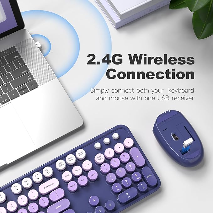 MOFII Wireless Keyboard and Mouse Combo, 2.4GHz Retro Typewriter Keyboard Full Size, Cute Wireless Mice, USB Dongle Plug and Play, for Laptop, PC, Desktop, Windows (Purple Gradient Color) - Image 2