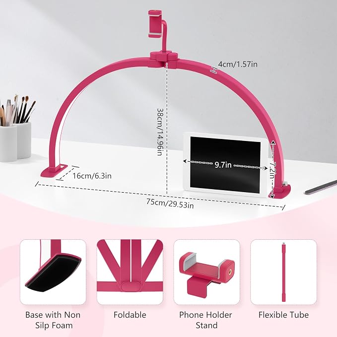 Yokilly Half Moon Light for Nail Desk: 29" Foldable Nail Light for Desk | AB Diamonds Arch Nail Tech Light with Phone Holder for Beginner - 3 Color Modes & 10 Brightness for Manicure Salon-RoseRed - Image 4