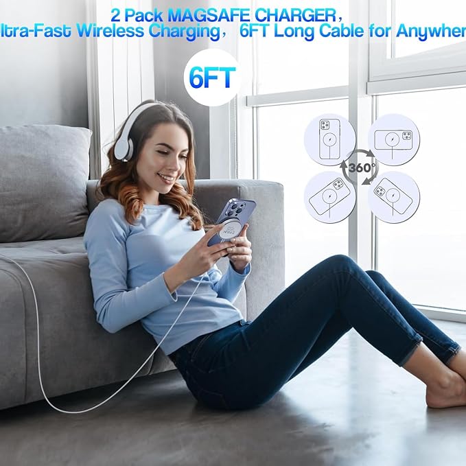 [Apple MFi Certified]Magnetic Wireless Charger for iPhone 17 16 15,2Pack 6FT 15W Apple Fast Mag-Safe Charger USB C Fast Charging Block for iPhone 17/17 Air/16/16 Pro/Pro Max/15/14/13/Plus/Pro/Pro Max - Image 7