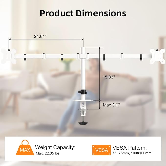 Pholiten Dual Monitor Stand, Heavy Duty Adjustable Monitor Arm Desk Mount for 2 Screens up to 42Inches, Tilt, Swivel, Rotate, Supports Tilt, Swivel, Rotate, Supports 22 lbs per Arm,White - Image 2