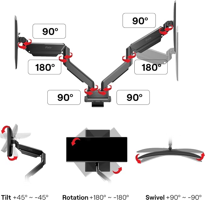Pixio PS2D Ultrawide Heavy-Duty Premium Dual Monitor Arm Stand Desk Mount - Fits up to 35 inches Two Monitors, Weights up to 33 lbs Each, Height Adjustable, Compatible with VESA 75x75mm 100x100mm - Image 8