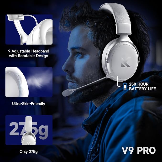 V9 PRO Wireless Gaming Headset 7.1 Surround Sound for PS5 PS4 PC SWITCH TOPSPEED Gaming Headphones, Noise Canceling Mic, 250Hr Battery, Low 15ms Latency, Lightweight, BT 5.3 FPS Games Icy&White - Image 7
