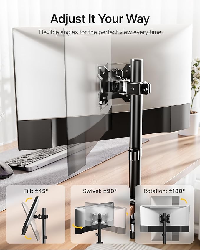 monTEK Single Monitor Stand for 17-32" Screens, 22 lbs | Single-screen desk mount, height adjustment, tilt, swivel, rotation, clamp/grommet bases and VESA 75/100 - Image 3