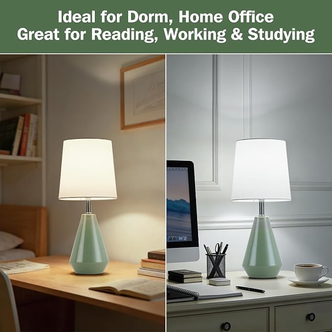 Small Bedside Table Lamp for Bedroom - Reading Desk Lamp with 3 Color Temperatures，15.5" Nightstand Ceramic Lamp with Fabric Shade for Kids Room,Living Room,Dorm,Home Office (Green+White) - Image 4