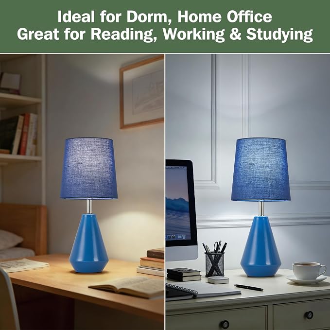 Small Bedside Table Lamp for Bedroom - Reading Desk Lamp with 3 Color Temperatures，15.5" Nightstand Ceramic Lamp with Fabric Shade for Kids Room,Living Room,Dorm,Home Office (Blue) - Image 4