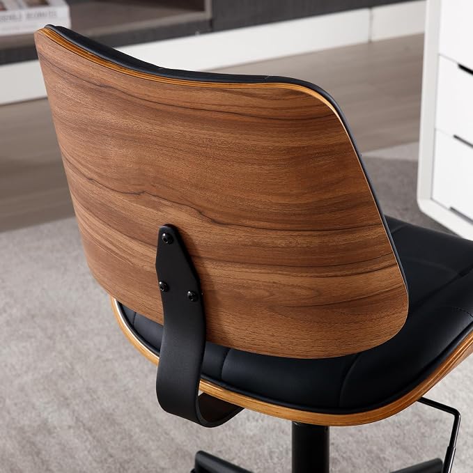 Home Office Desk Chair with Rubber Wheels, Armless Bentwood, Black | Adjustable Height Armless Office Chair, PU Leather Mid Back 360°Small Computer Chair, No Arms Walnut Seating, 300LBS Support - Image 5