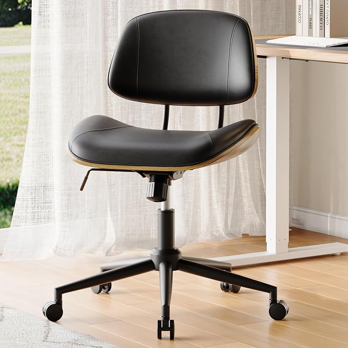 Armless Office Chair with Wheels, PU Leather Desk Chair, Black | Adjustable Height Task Chair, 360° Swivel Ergonomic Computer Chair for Small Space, Modern Walnut Style, Home & Meeting Room - Image 7