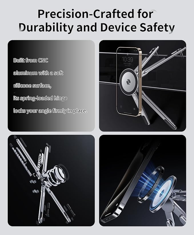 Laptop Stand for Desk, 8-Level Adjustable, Magnetic Phone Mount Silver | For 13–17 in laptops. Aluminum build, anti-slip support and fold-flat portability. Includes a magnetic ring and carry bag. - Image 4