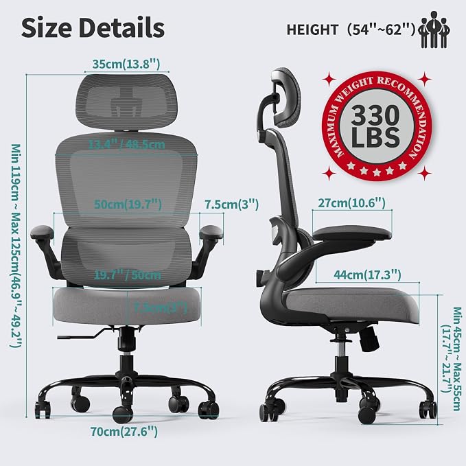 TRALT Office Chair Ergonomic Desk Chair - Gaming Chair with Lumbar Support | 330 LBS Home Office Desk Chairs with Headrest, Reading Chair with Flip-up Armrests, Comfortable Computer Chairs (1, Grey) - Image 2