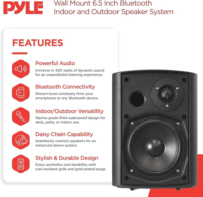 Pyle 6.5-Inch Wall Mount Waterproof Bluetooth Speaker System – Indoor/Outdoor Audio Pair with Built-in Digital Amplifier, Weather-Resistant Housing, High-Power Sound, Easy Installation (Black) - Image 2