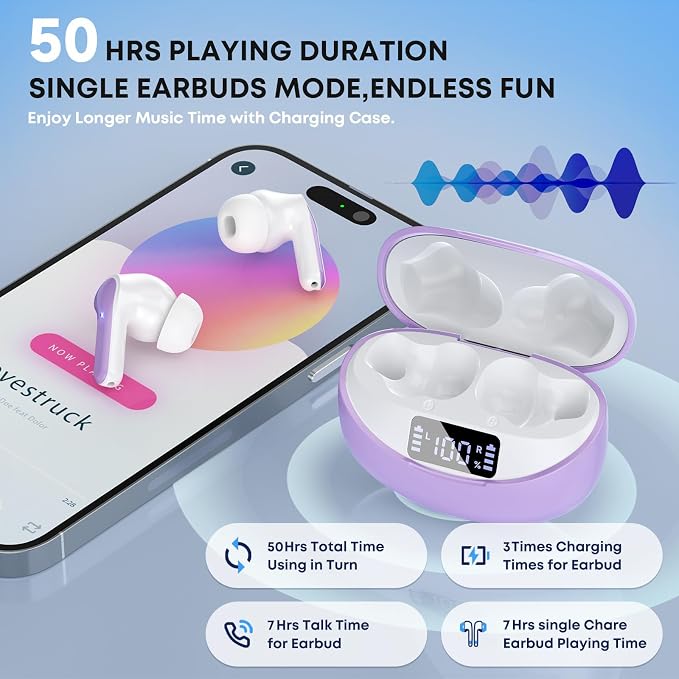 Wireless Earbuds, Bluetooth 5.3 Headphones HiFi Stereo 50H Playback LED Digital Display Ear Buds with ENC Noise Canceling Headset, IPX7 Waterproof Earphones for Gym/Running/Work(Light Purple) - Image 3