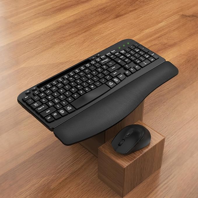 Wireless Keyboard and Mouse Combo, Full-Sized Ergonomic Wave Keys Keyboard with Memory Foam Wrist Rest & Phone Holder, 2.4G Quiet Keyboard Mouse Work Setup for PC Laptop, Office or Home (Black) - Image 9