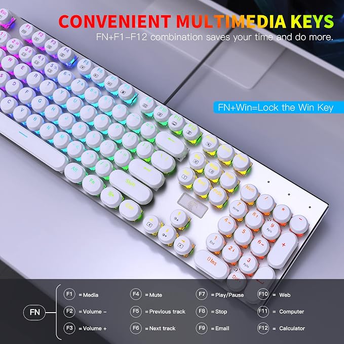 HUO JI E-Yooso Z-88 Wired Typewriter Style Mechanical Keyboard, White | Programmable RGB Backlit, Clicky Blue Switches, Detachable USB-C Cable, Metal Panel, 104 Double-Shot Keycaps for PC Gaming - Image 6