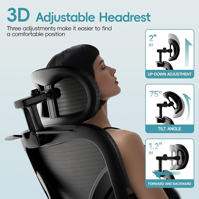 Ergonomic Office Chair, Home Office Desk Chairs with Adjustable Lumbar | Allion Ergonomic Mesh Computer Gaming Chairs with 3D Headrest, Flip-up Arms, Big Tall Reclining chair for Men Women, Black - Image 6